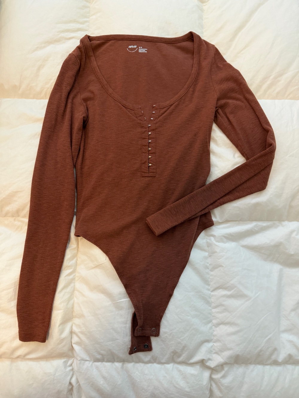 aerie Scoop-Neck Henley Bodysuit in Rust Brown